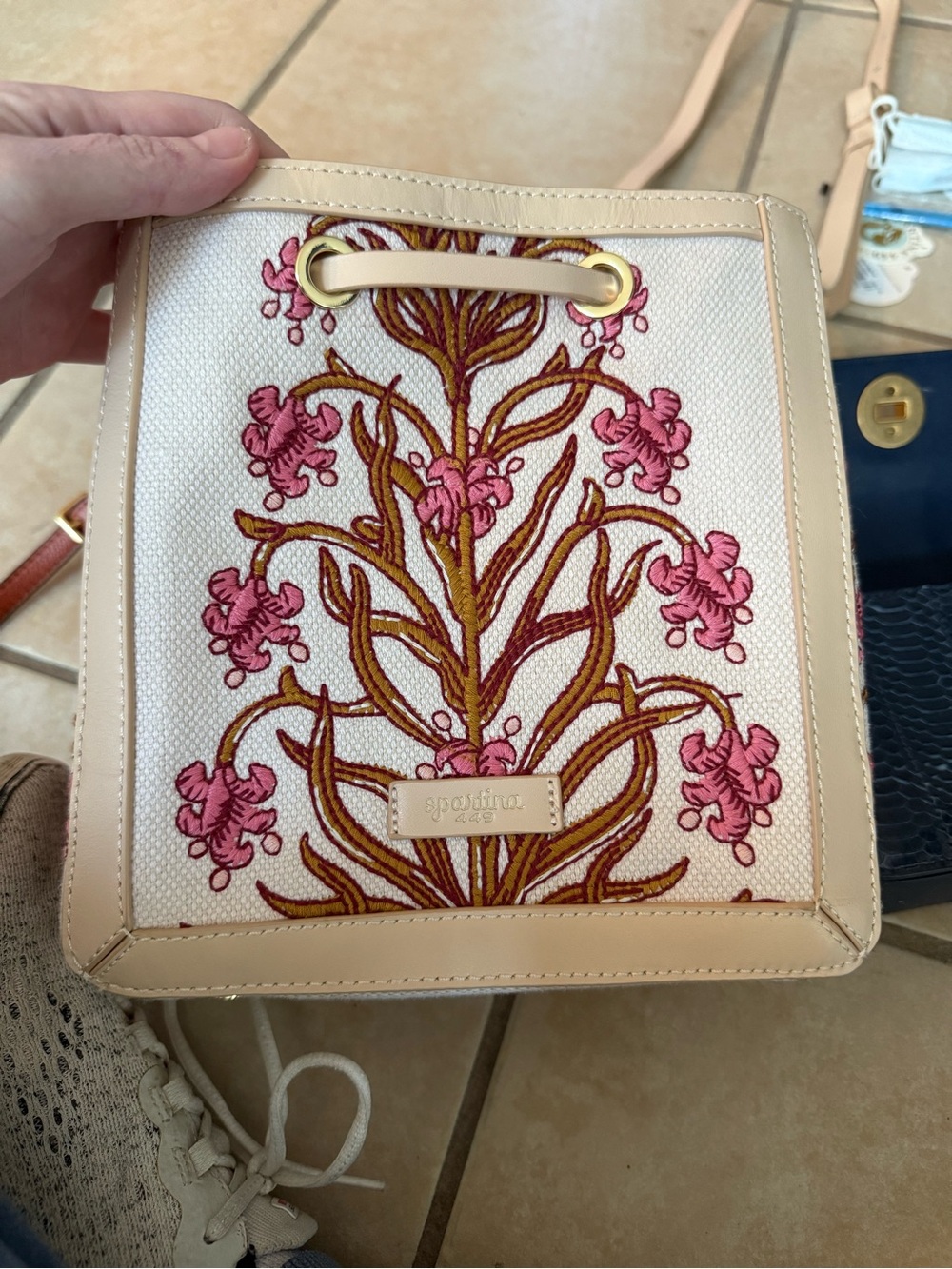 Spartina 449 Beige Canvas Crossbody with Pink Floral Embroidery